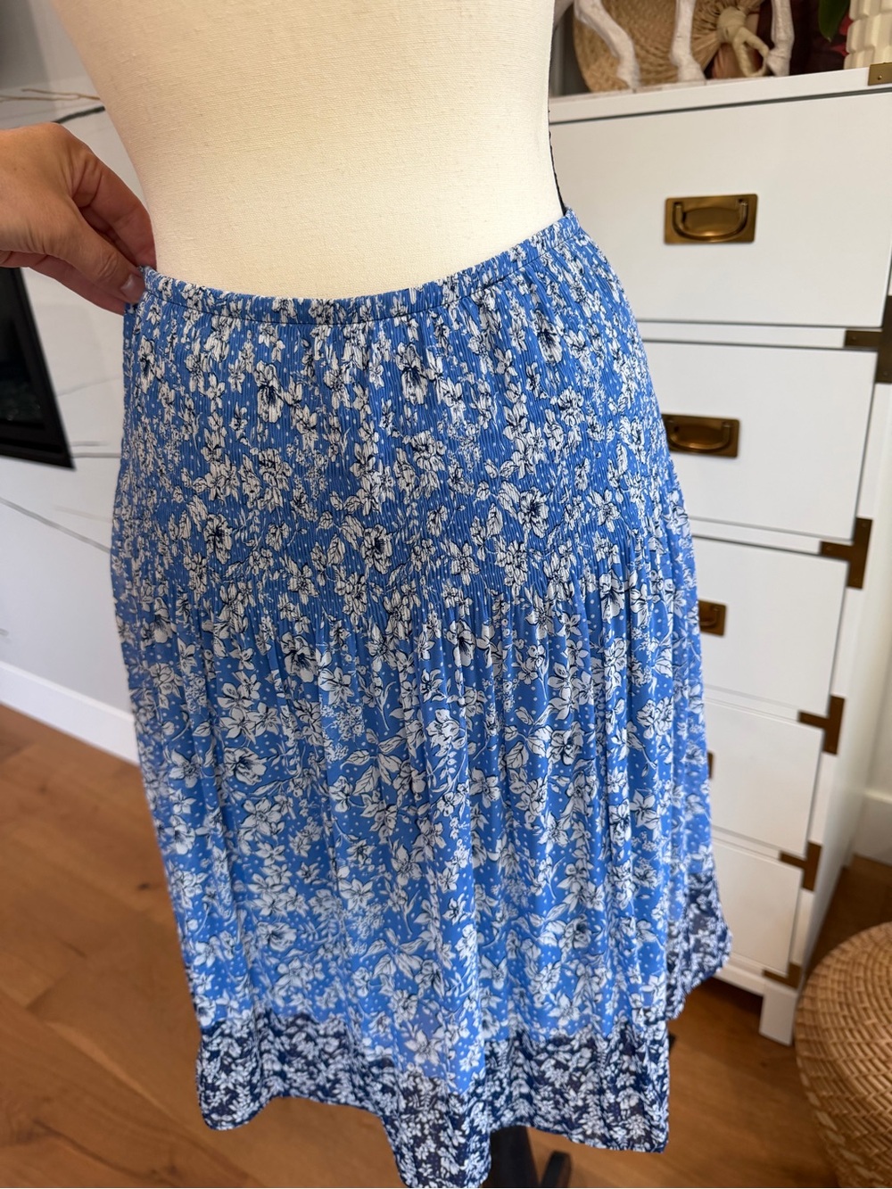 Max Studio Blue and White Floral Smocked Midi Skirt